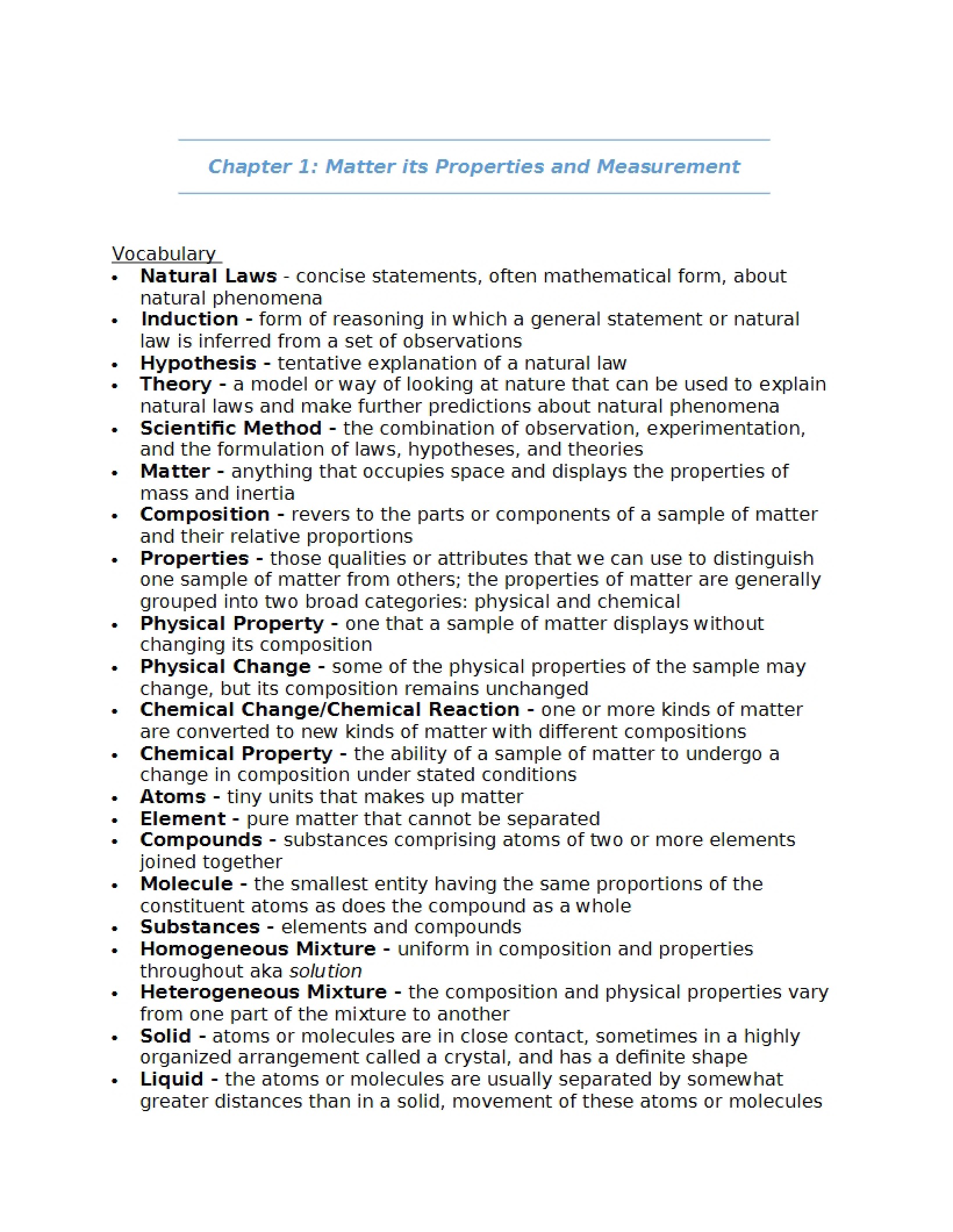 Matter Properties and Measurement - Chapter 1
