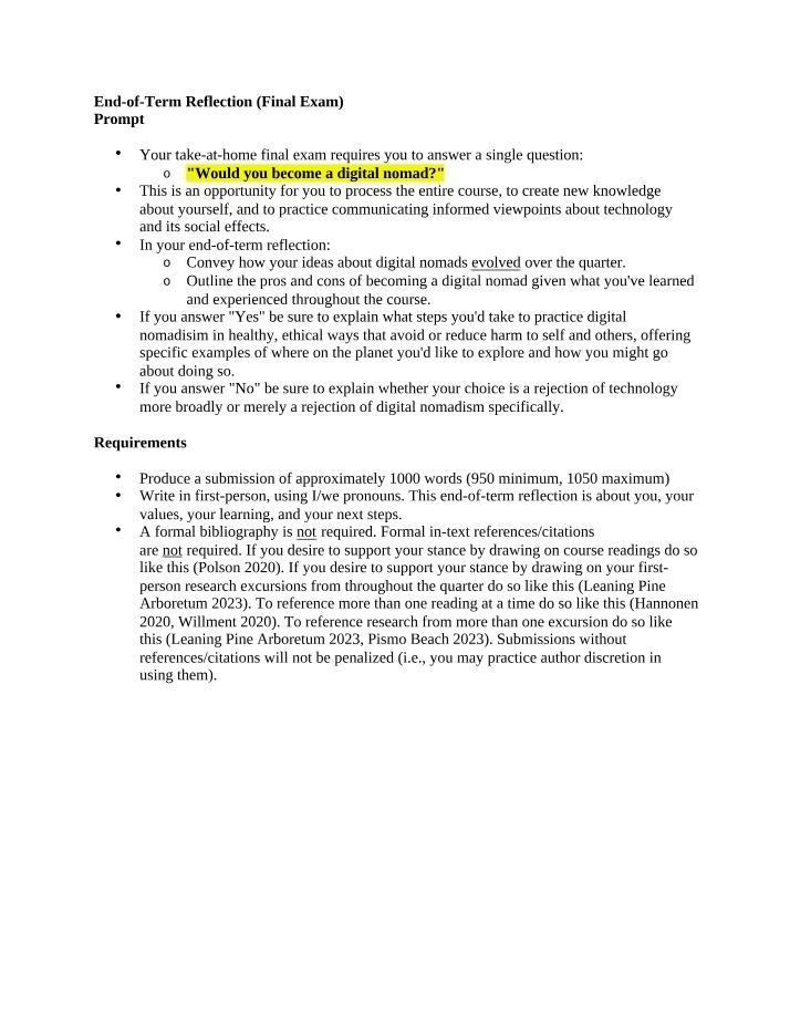 End-of-Term Reflection Prompt (Final Exam)