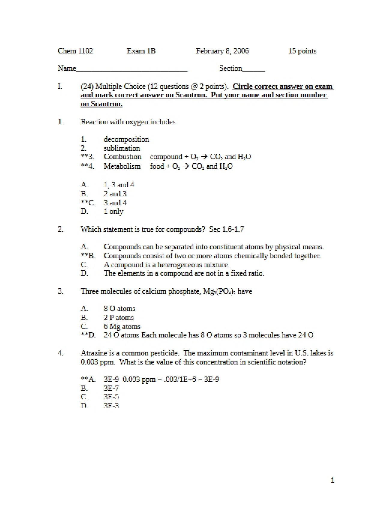 Examination for CHEM 1102