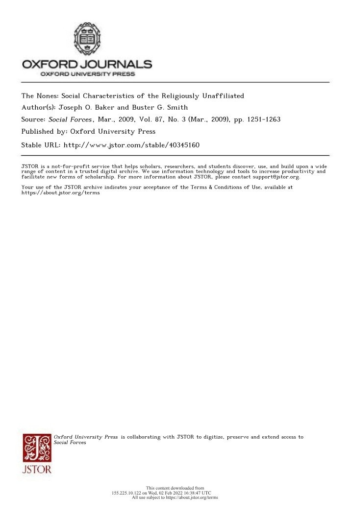 Social Characteristics of the Religiously Unaffiliated - The Nones