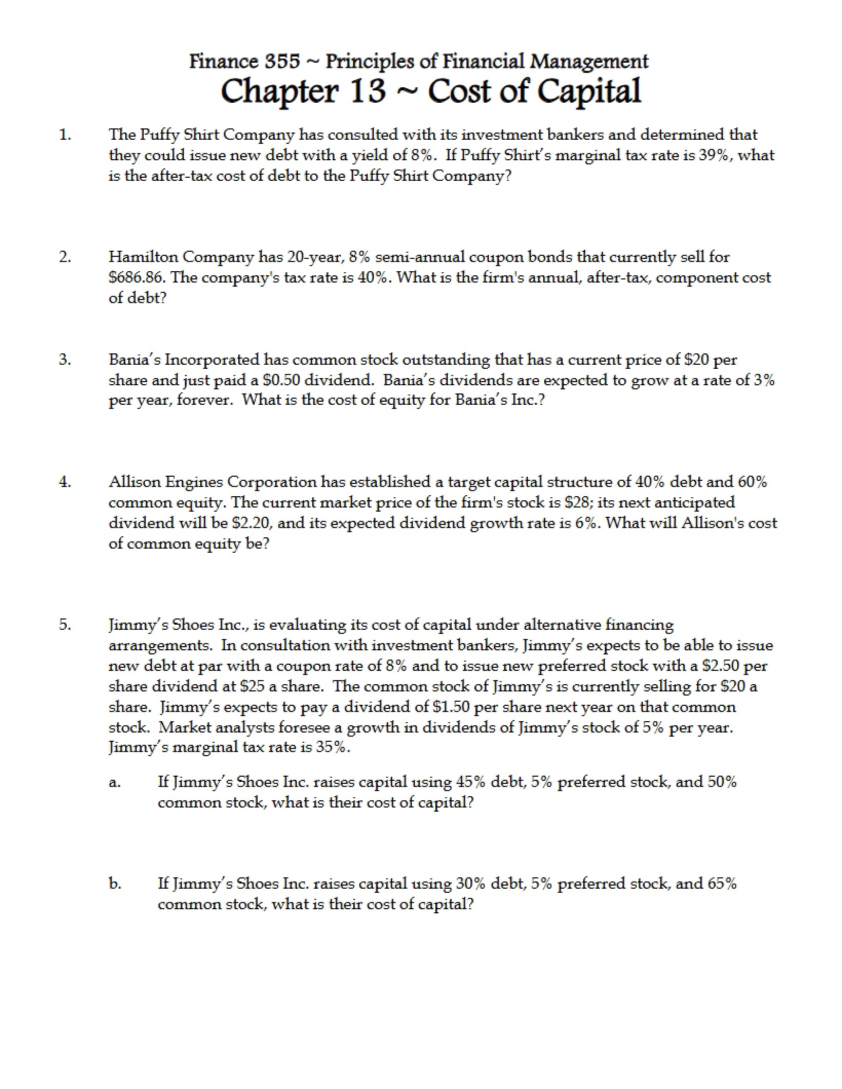 Worksheet Cost of Capital