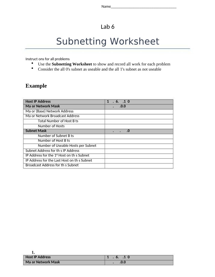 Worksheet on Subnetting