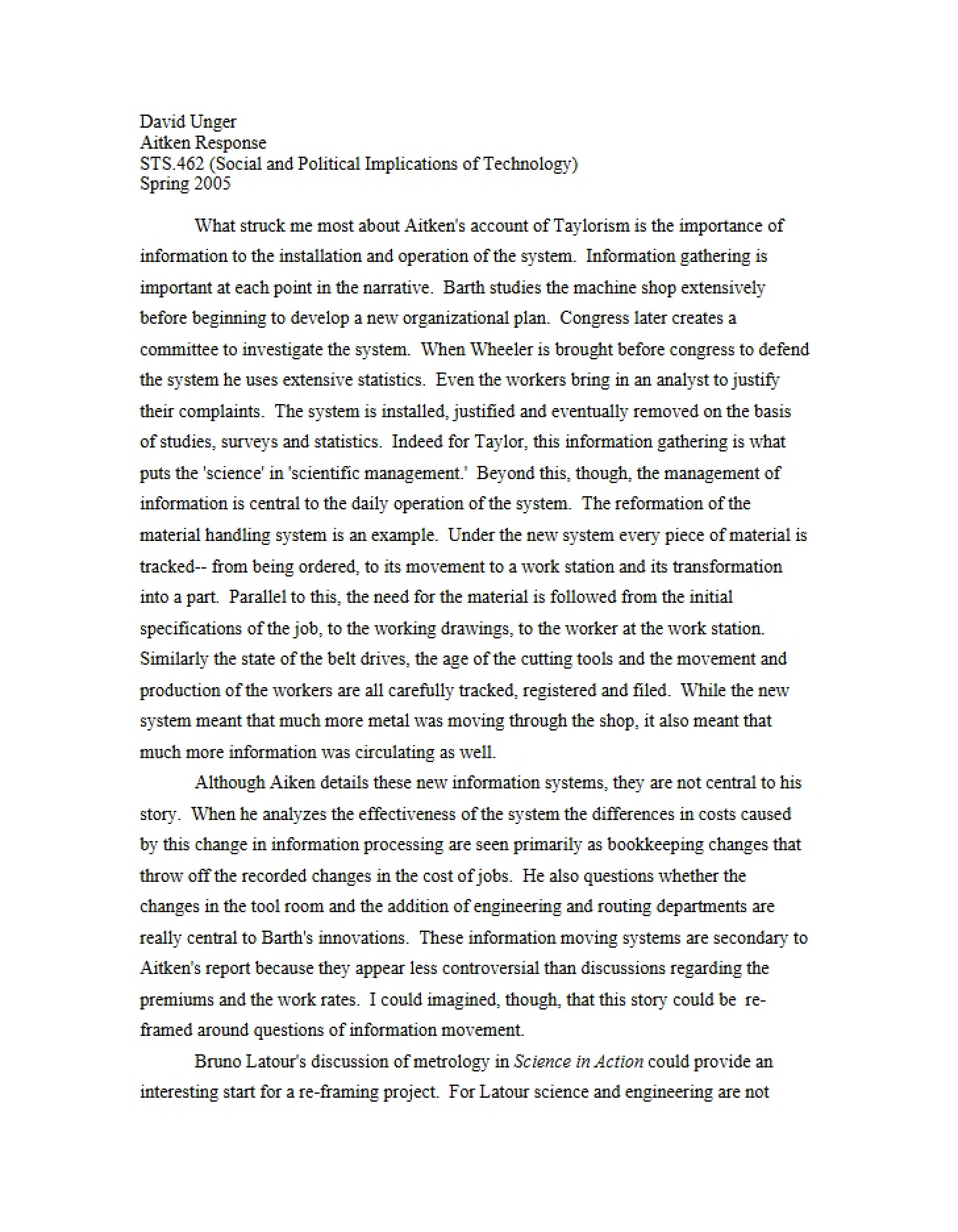 Taylorism Response by Aitken