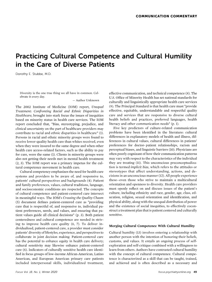 Cultural Competence and Humility in Diverse Patients