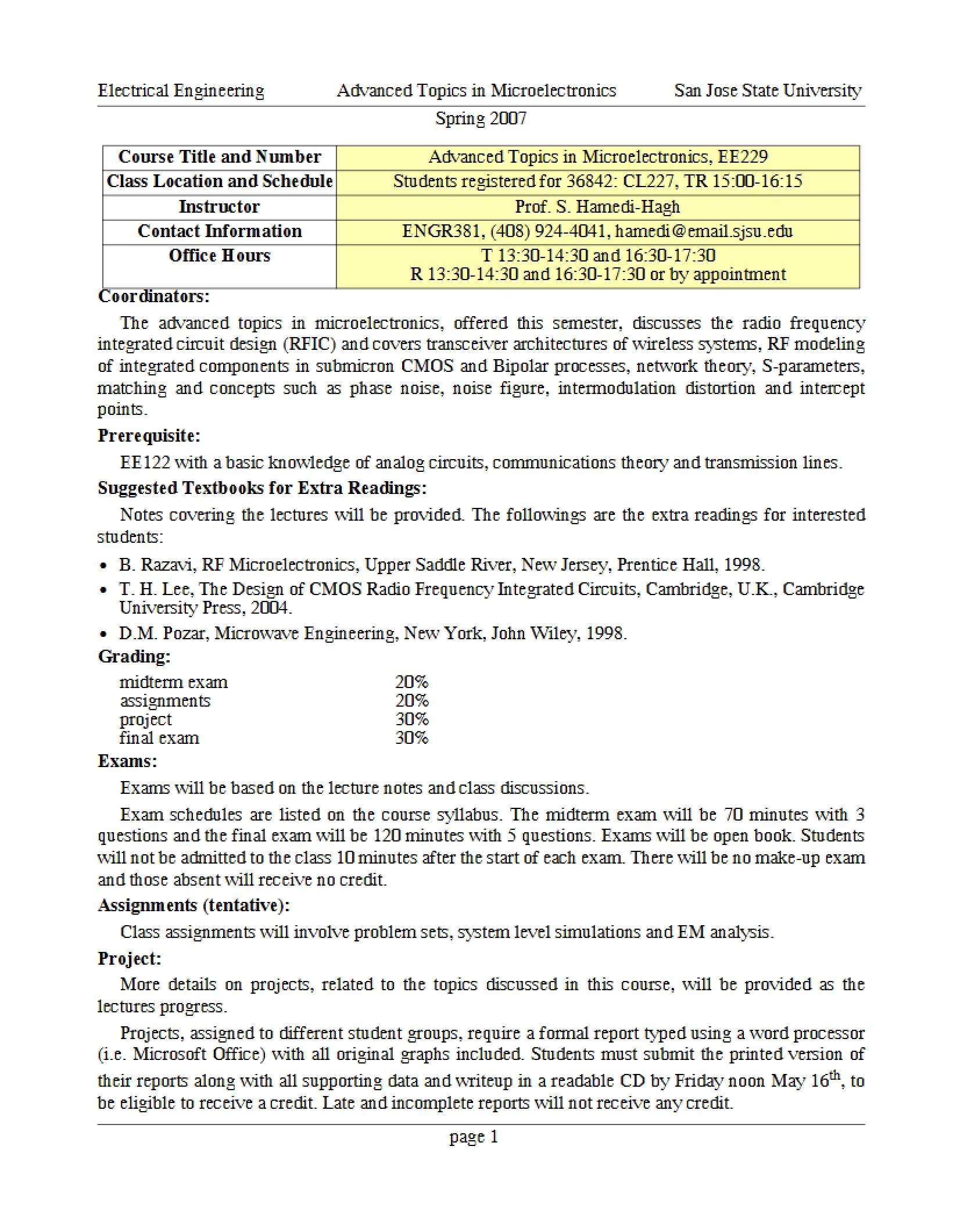 Advanced Topics in Microelectronics Overview
