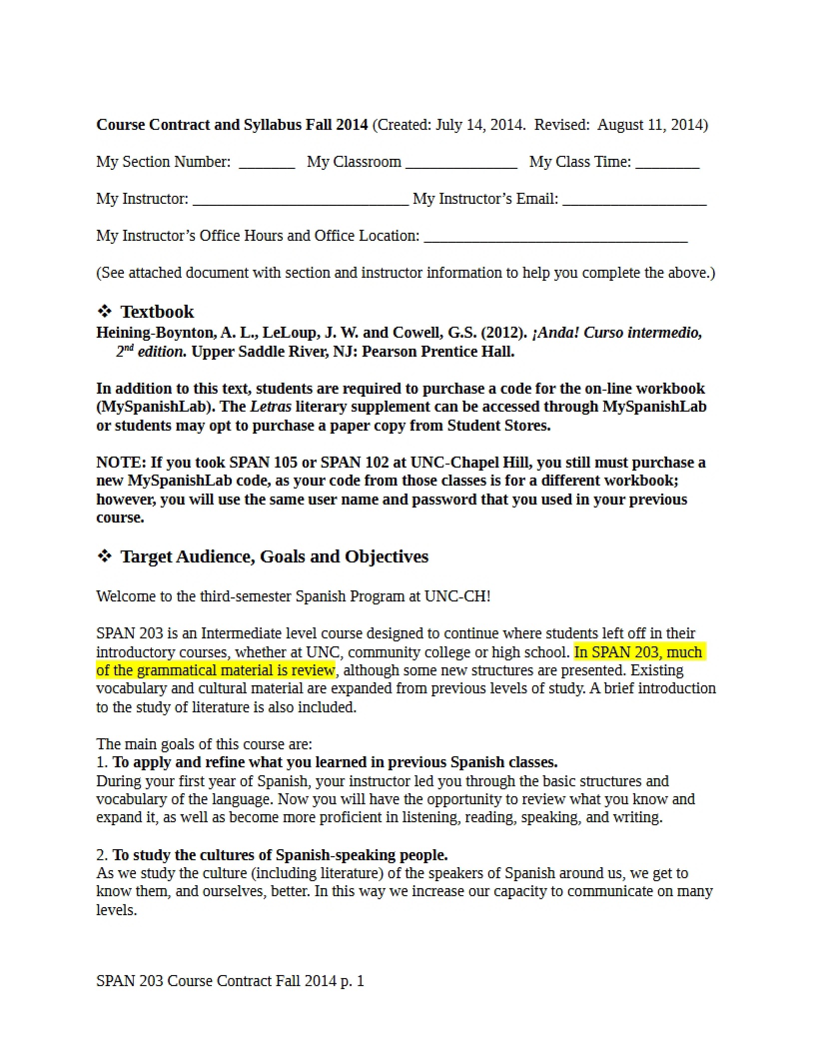 Fall 2014 Course Contract