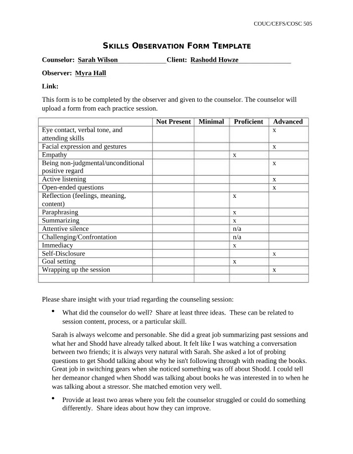 Counseling Sessions Skills Observation Form Template