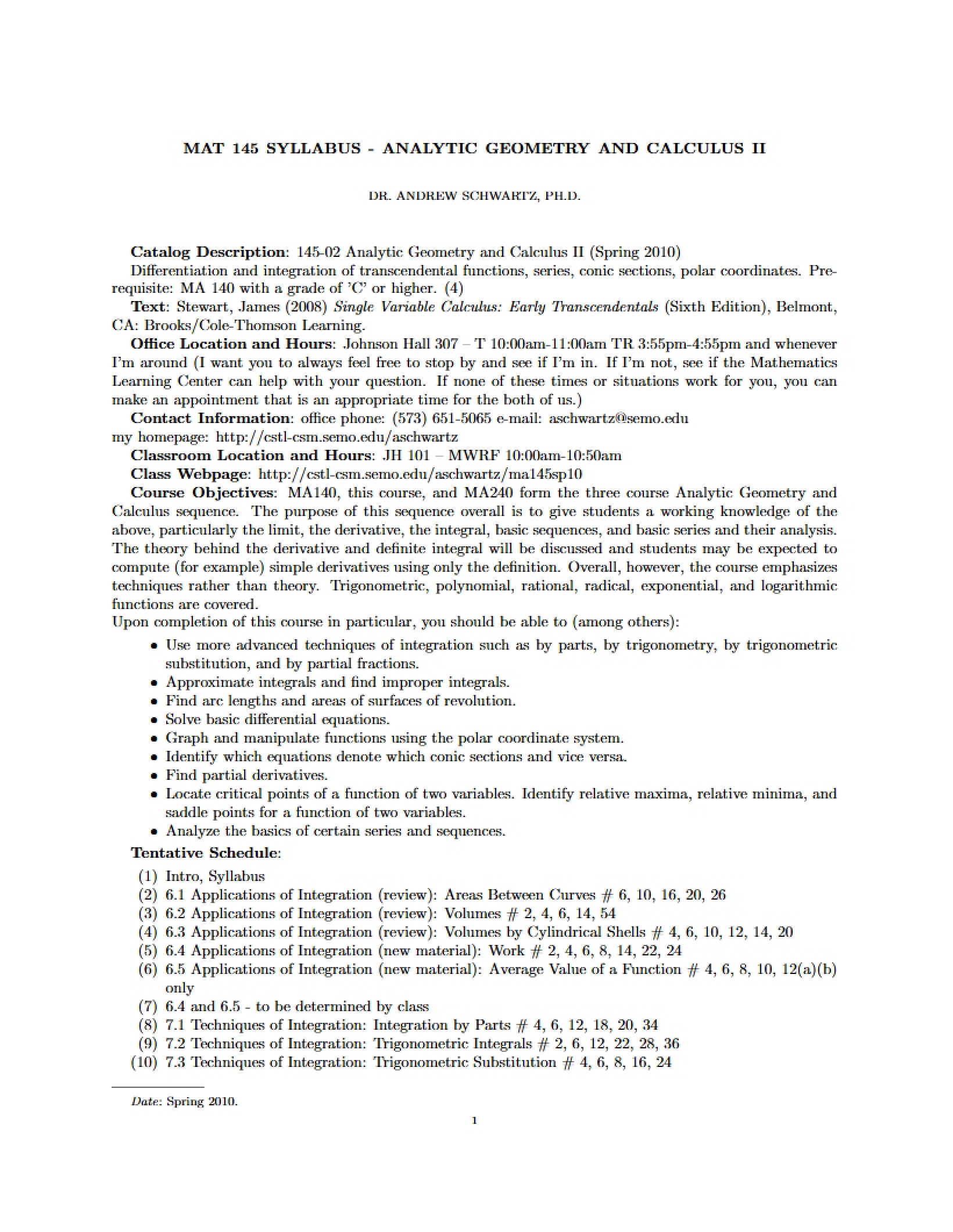 Calculus II and Analytic Geometry Syllabus