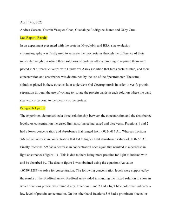 Results and Analysis of Protein Separation Experiment