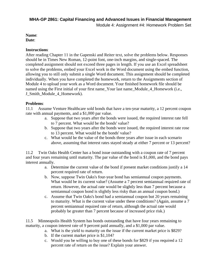 Capital Financing and Advanced Issues in Financial Management - Module 4 Problem Set
