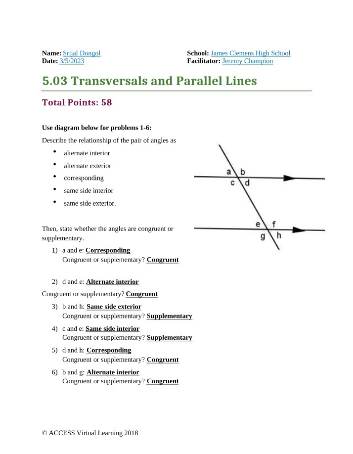 Relationship of Transversals and Parallel Lines