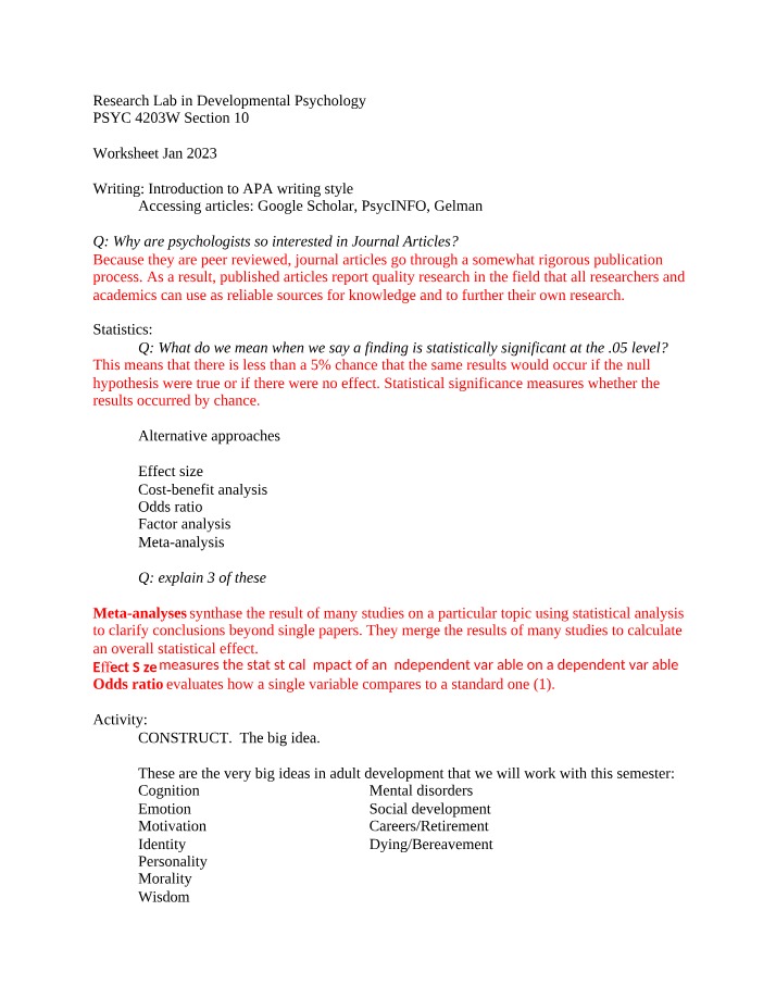 Lab Worksheet for Developmental Psychology