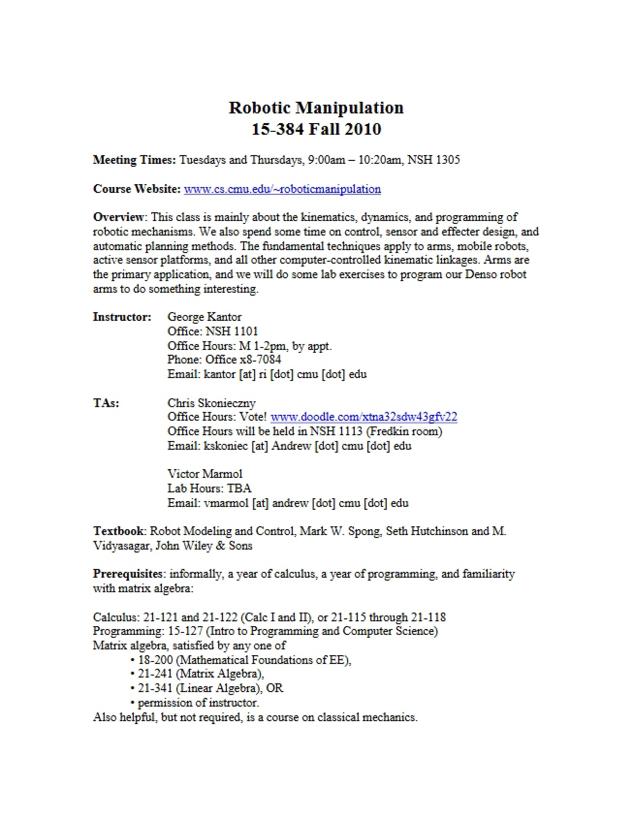 Robotic Manipulation Course Syllabus