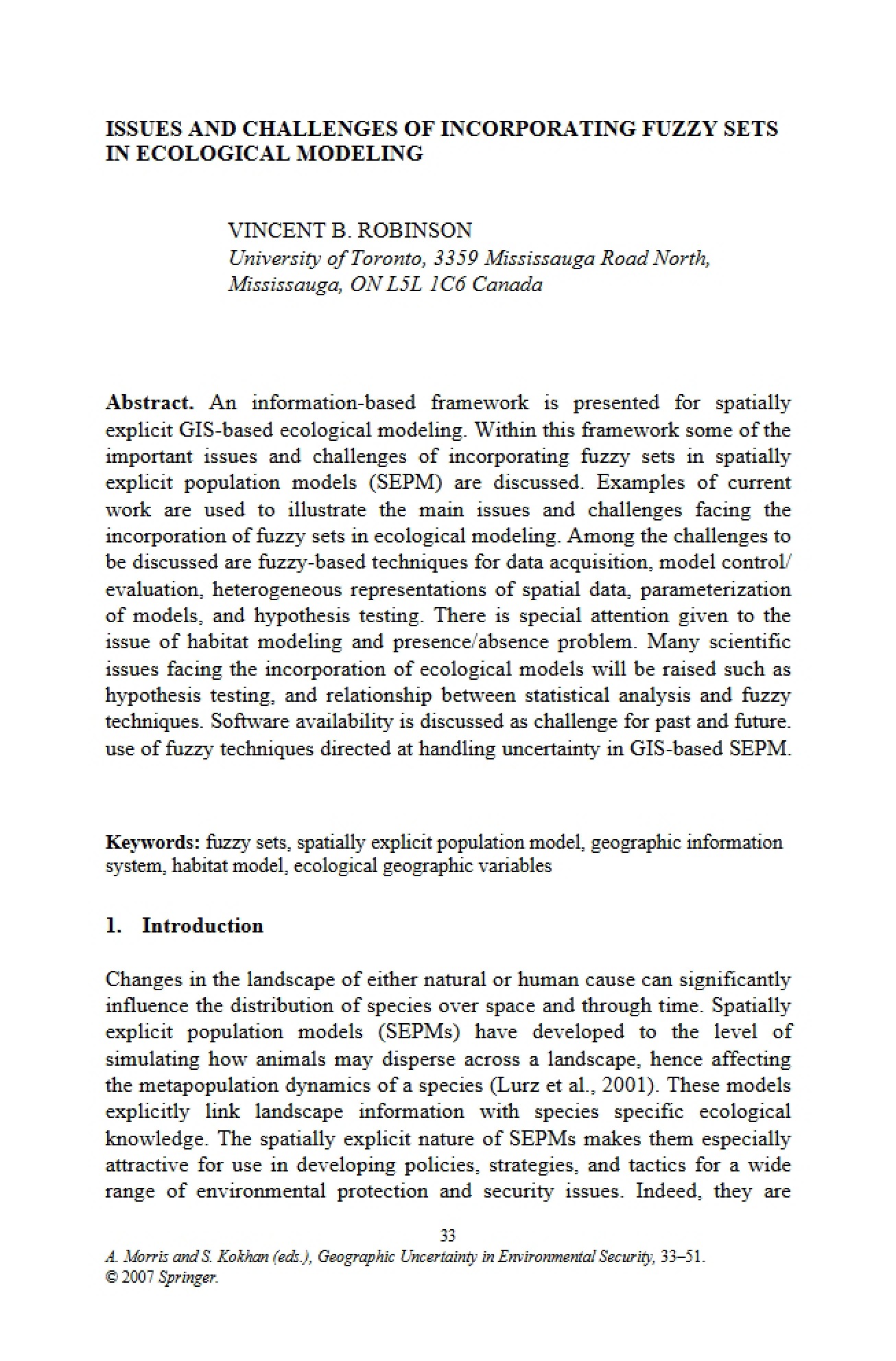 Issues and Challenges of Incorporating Fuzzy Sets in Ecological Modeling - GEOG 5113