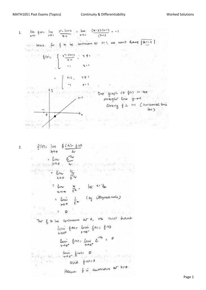 MATH1051 Worked Past Exams - Continuity & Differentiability
