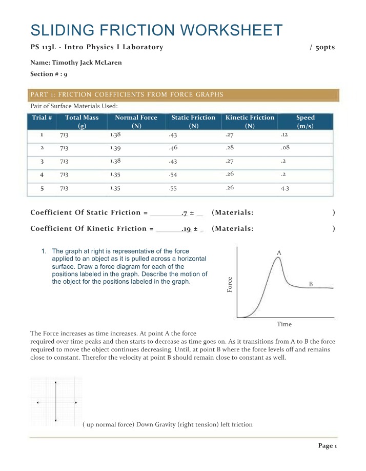 Sliding Friction Worksheet Part A