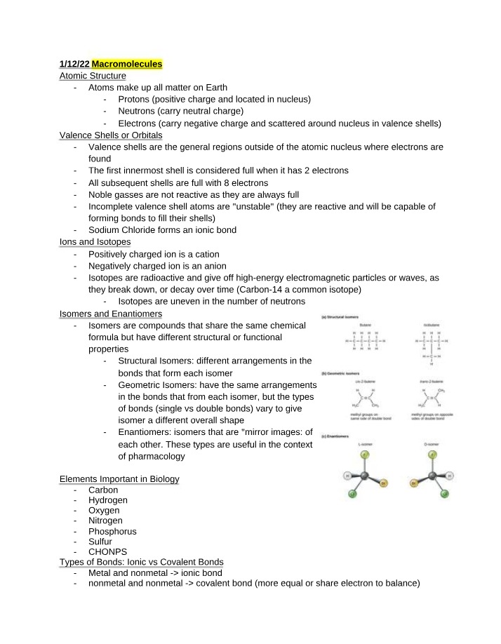 Notes on Macromolecules and Atomic Structure