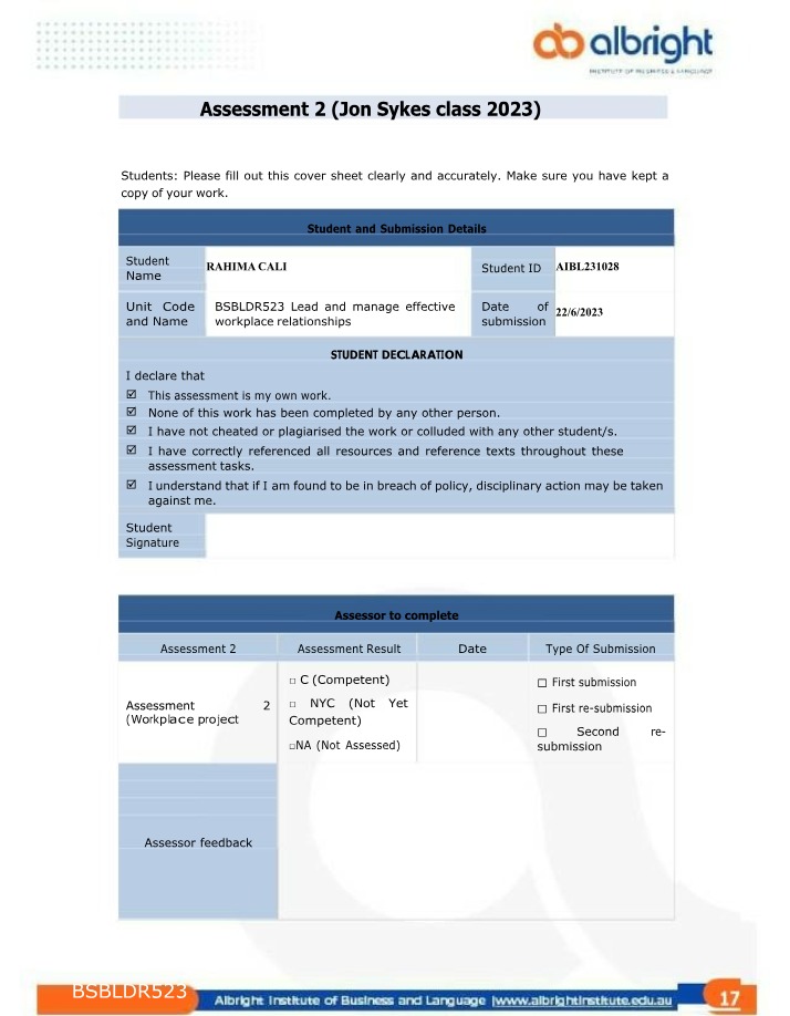 Workplace Project Assessment 2 for BSBLDR523
