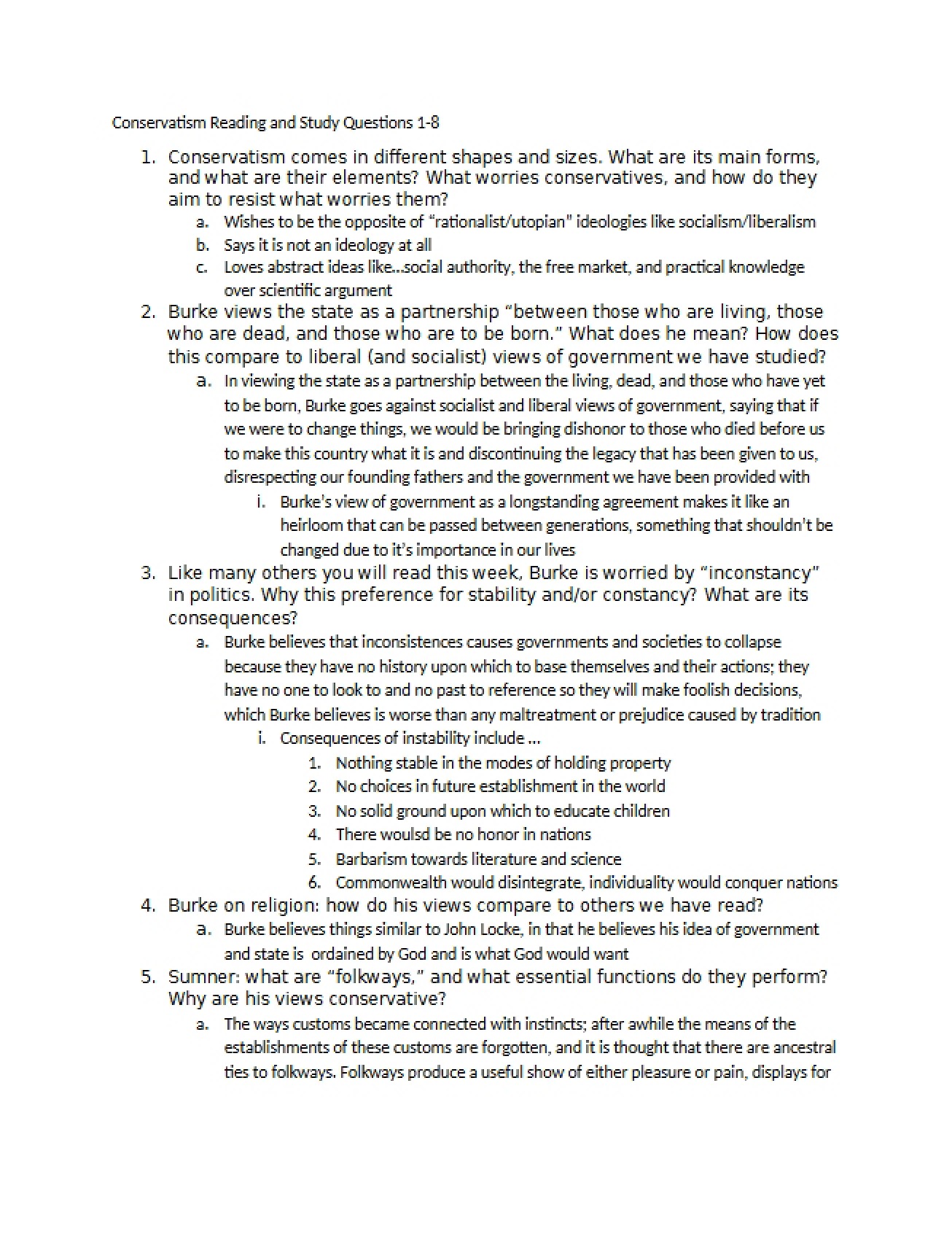 Study Questions and Readings on Conservatism