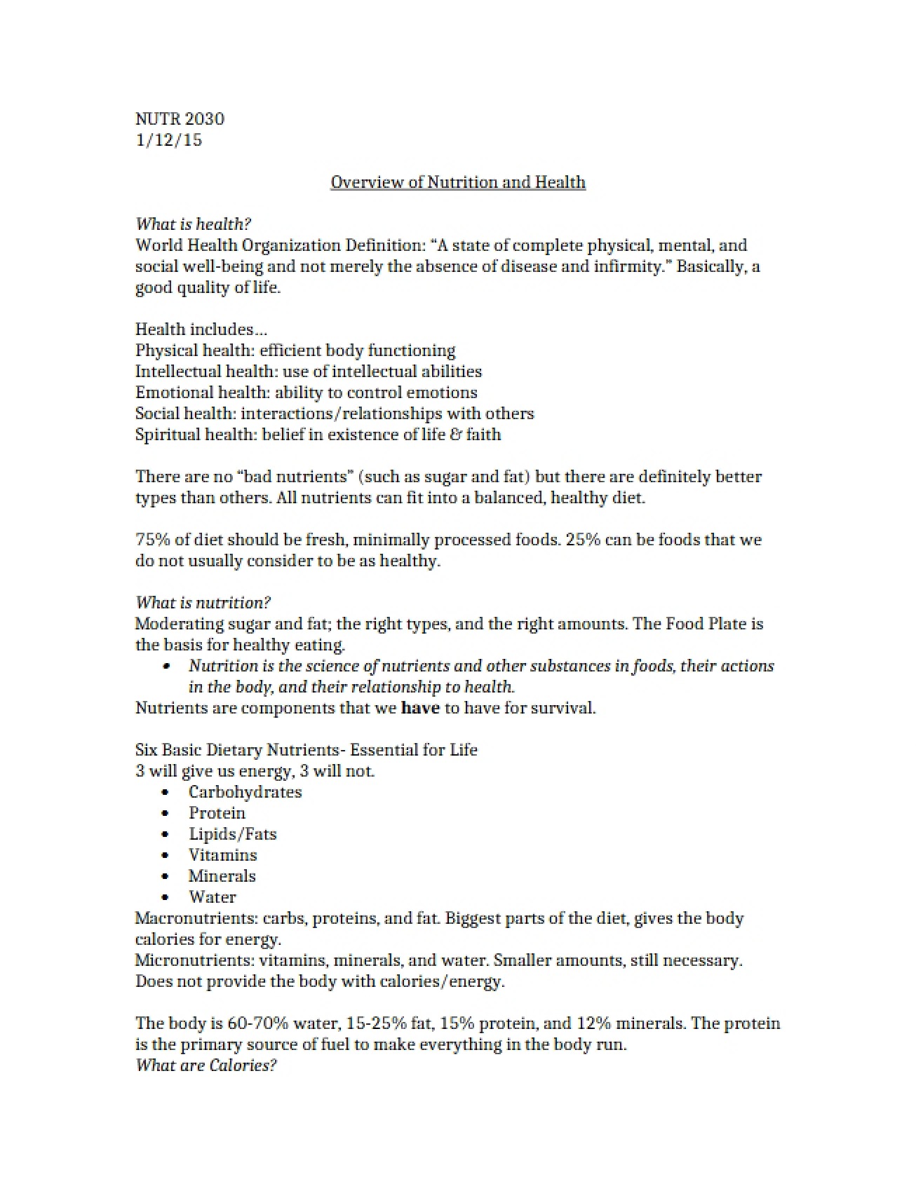 Health and Nutrition Overview
