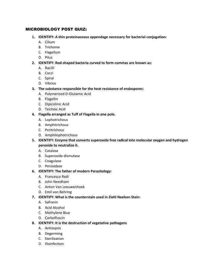 Microbiology and Biochemistry Post Quiz