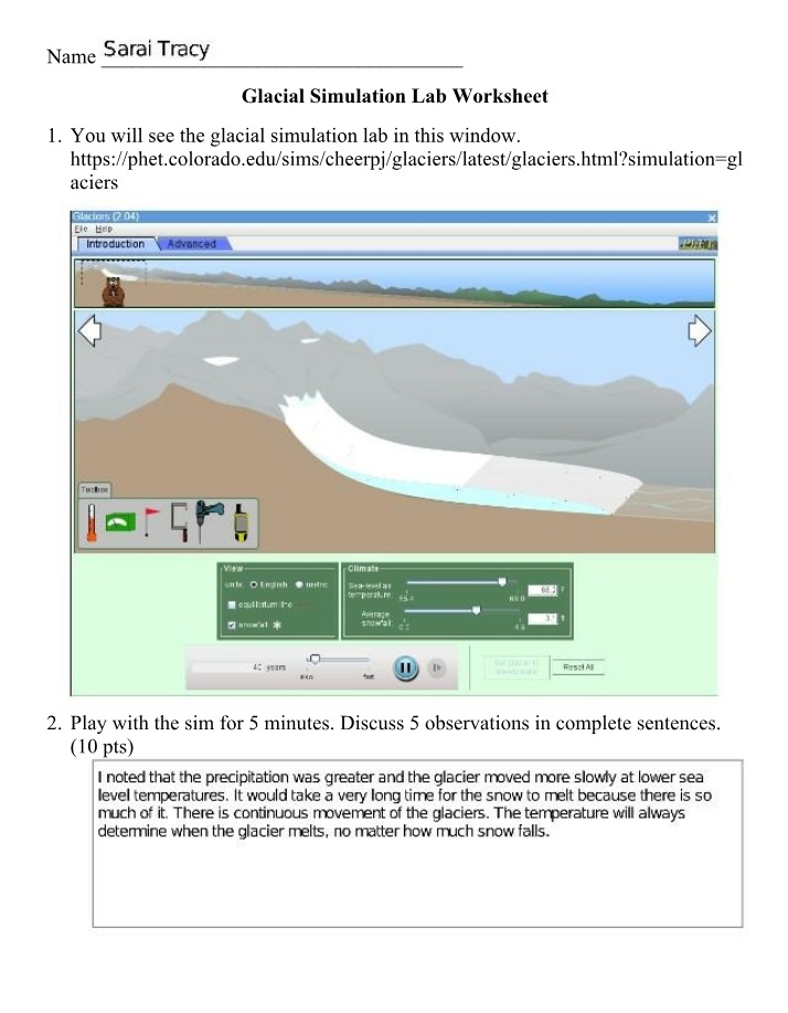 Worksheet 1 for Glacial Simulation Lab - Observations and Tools