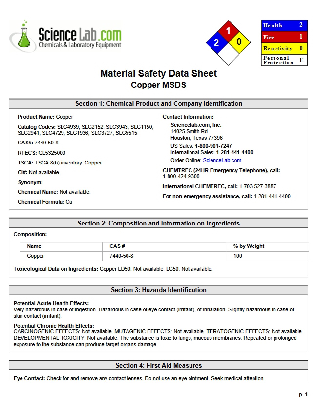 Safety Data Sheet: Copper
