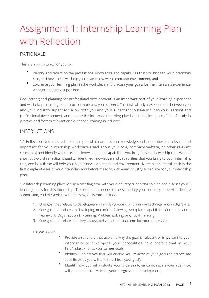 Internship Reflection and Learning Plan