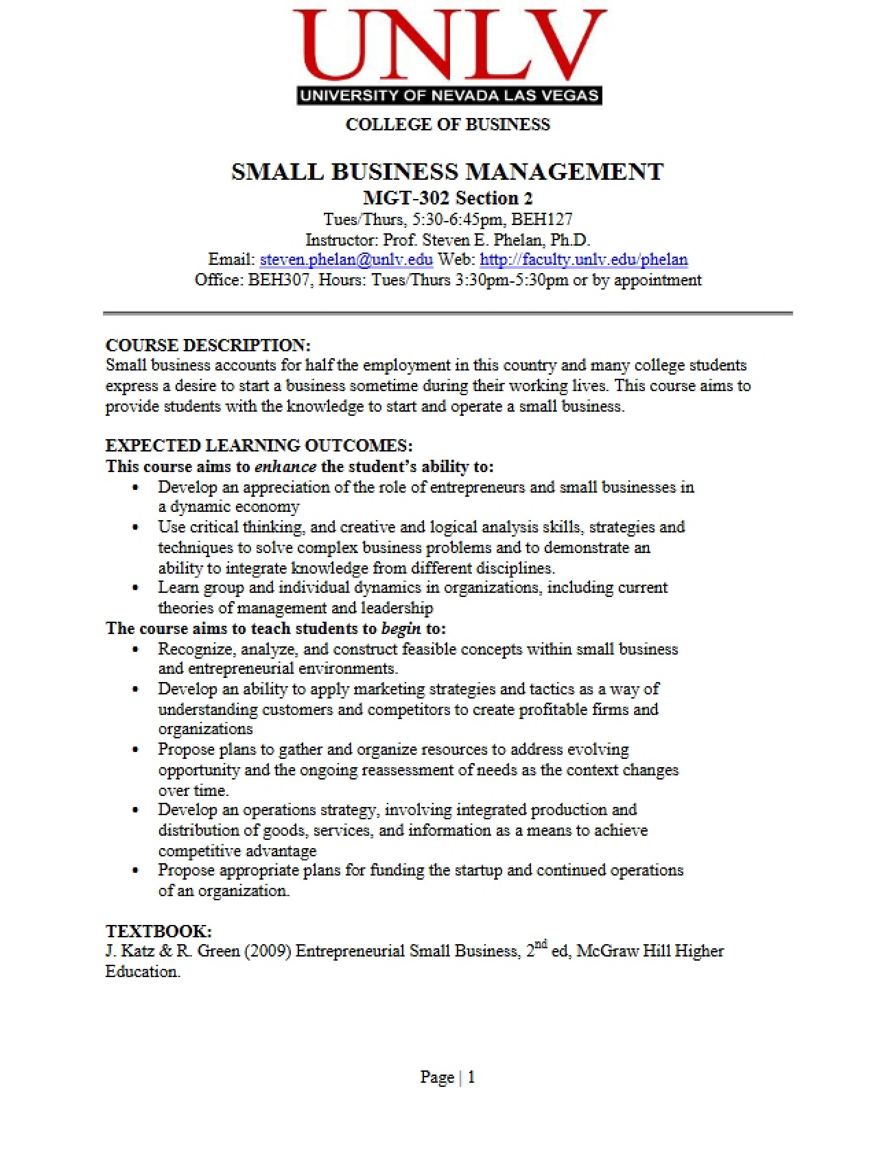 Small Business Management Syllabus - 4 Pages