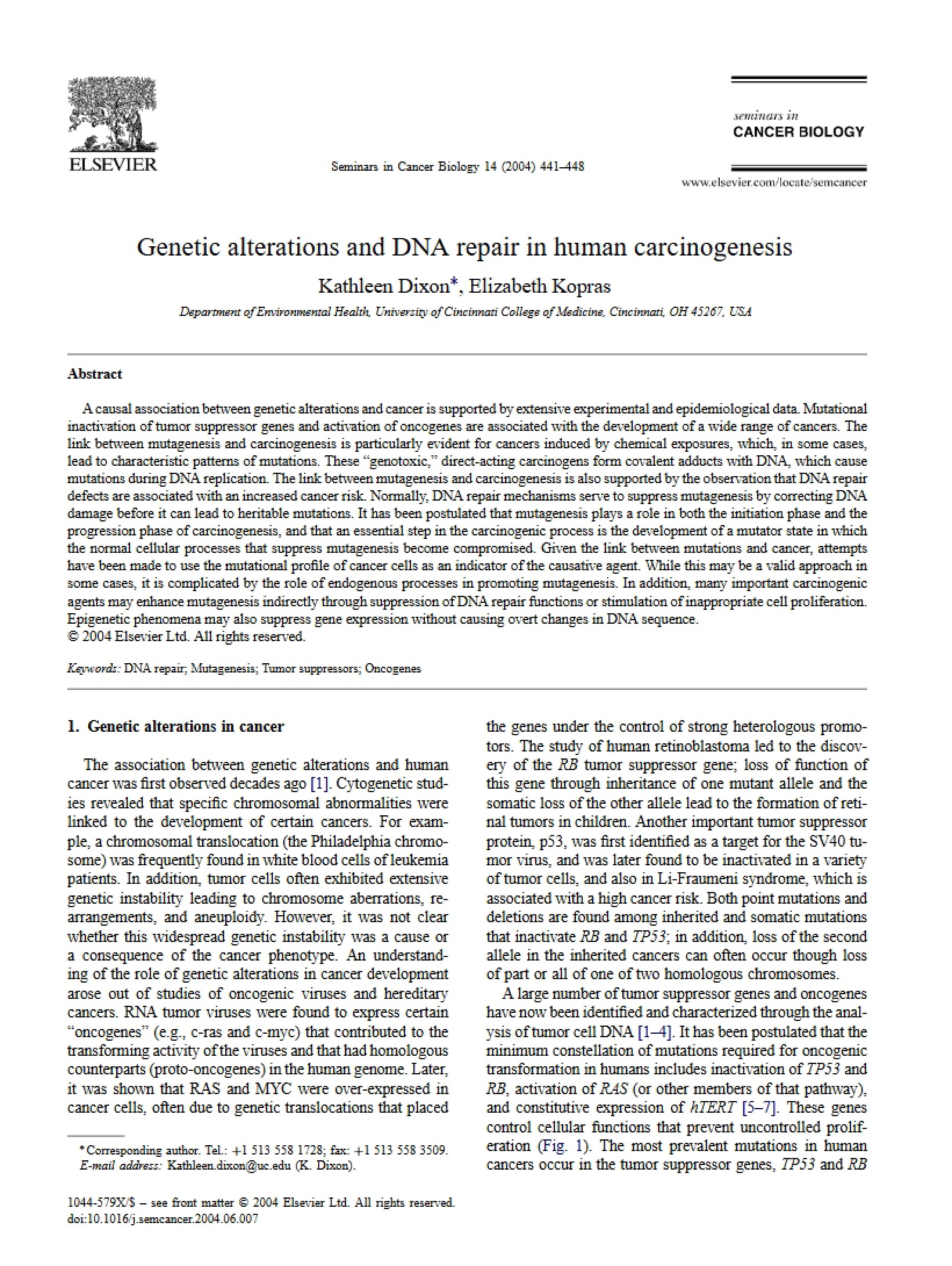Human Carcinogenesis DNA Repair and Genetic Alterations