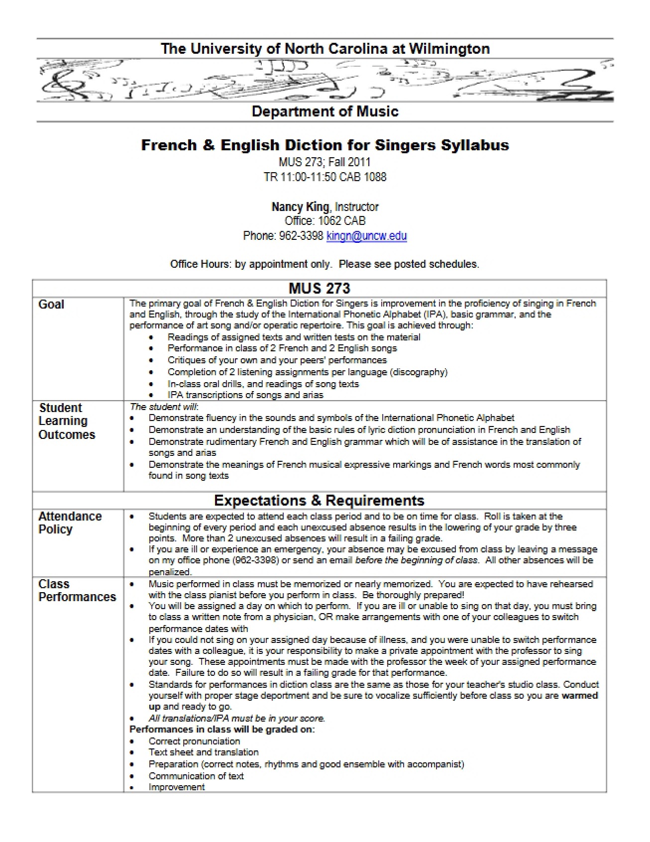 Syllabus for Singers Diction in English and French