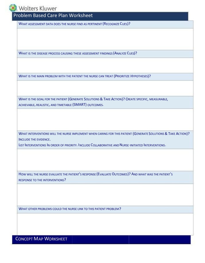 Worksheet for Problem Based Care Plan