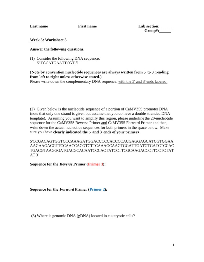 DNA Extraction from Plant Tissues - Methods and Worksheet 5