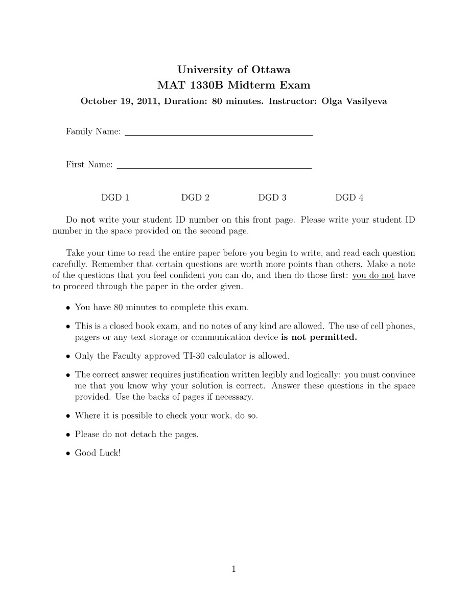 Midterm Exam - MAT 1330B