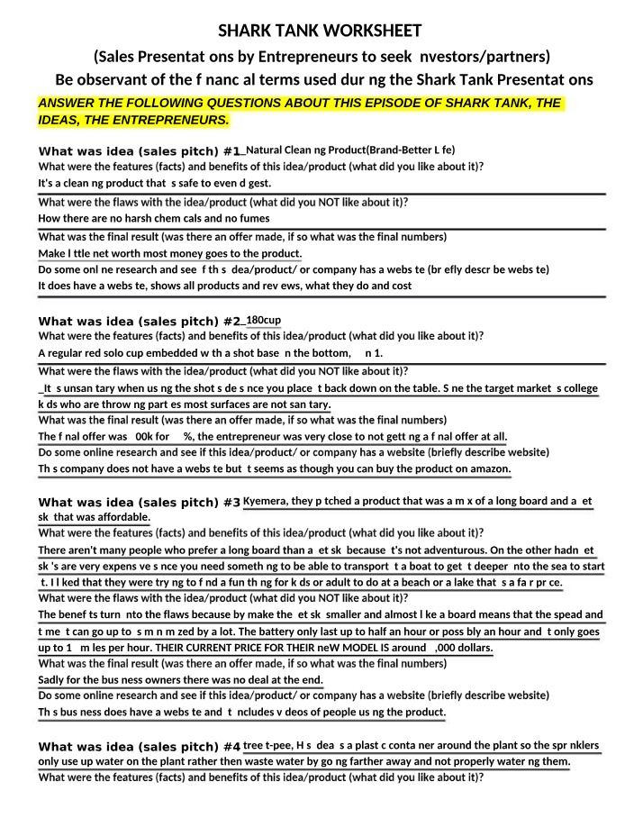 Worksheet on Shark Tank Sales Pitches and Investor Offers