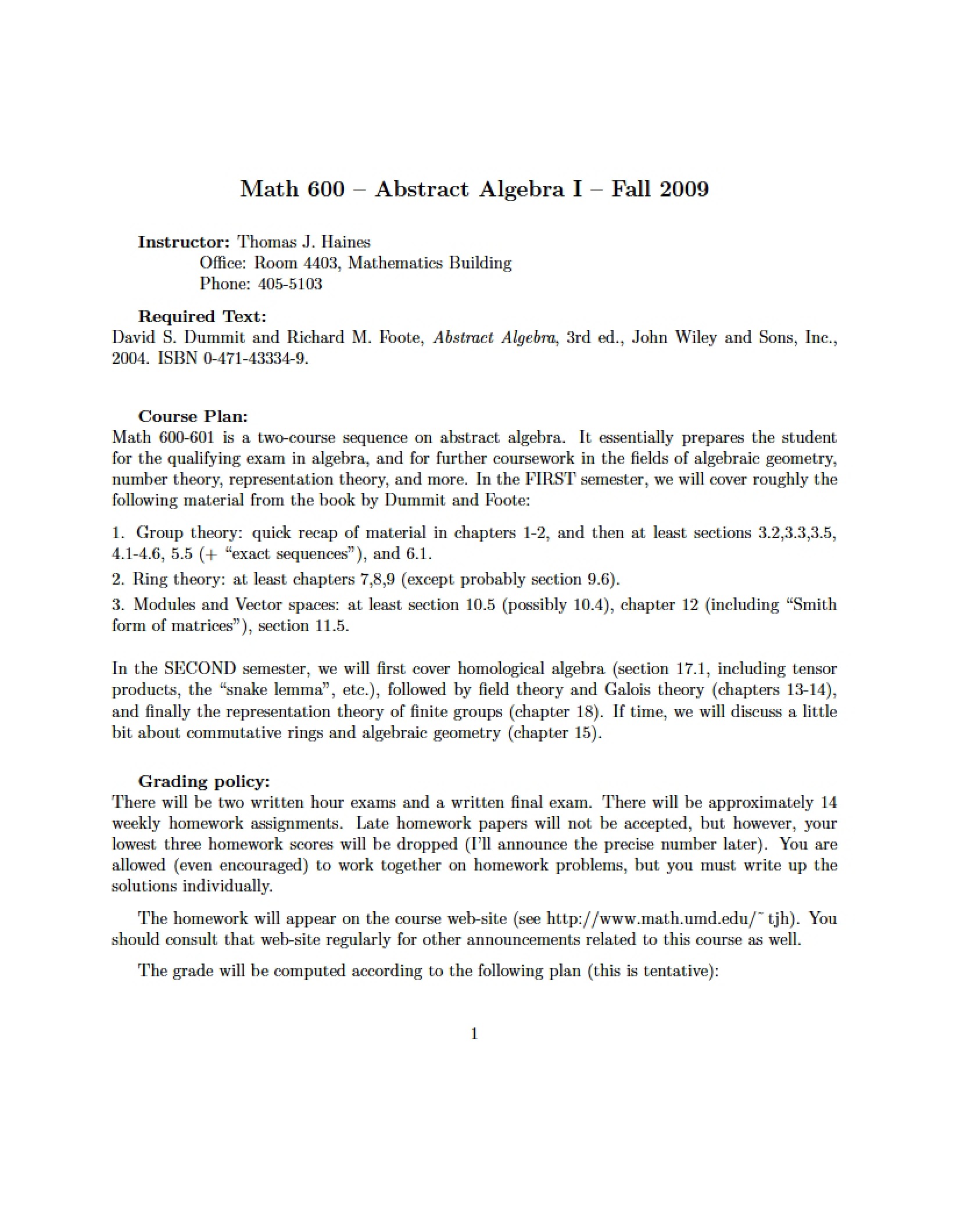 Course Syllabus for Abstract Algebra