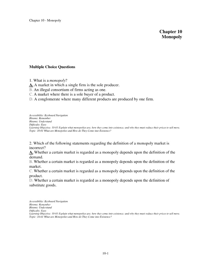 Chapter 10 - Multiple Choice Questions on Monopoly Markets