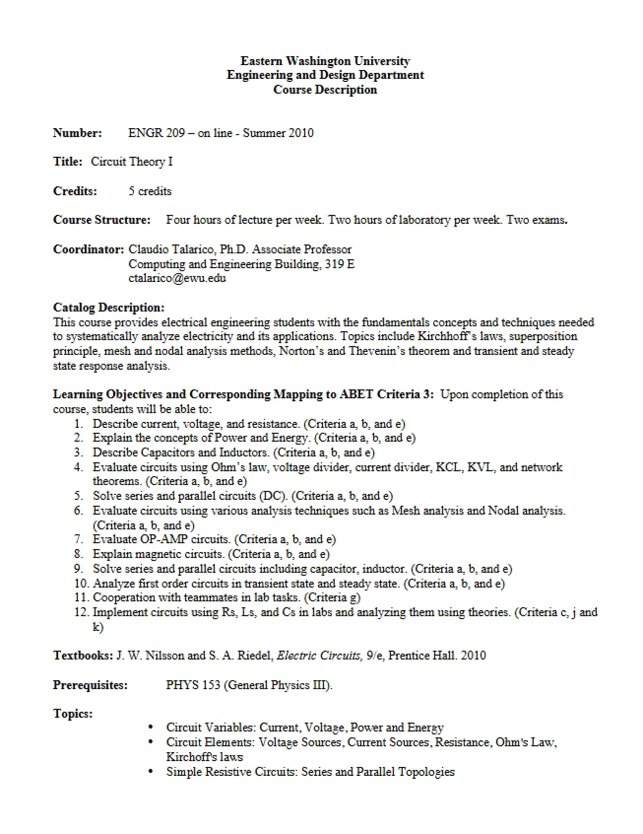 Outline of Circuit Theory I
