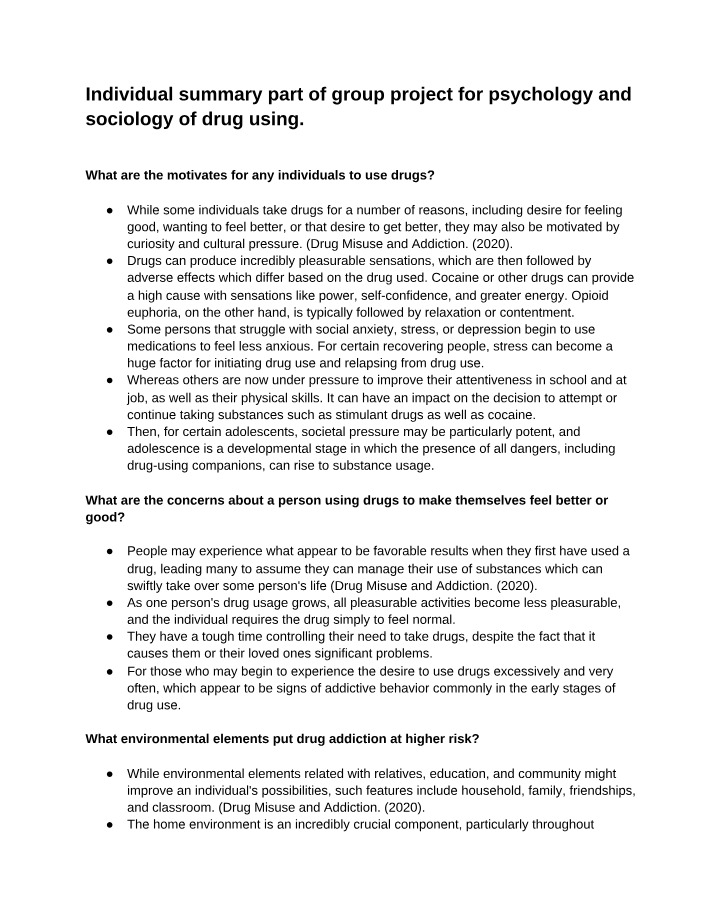 Group Project Summary - Psychology and Sociology of Drug Use