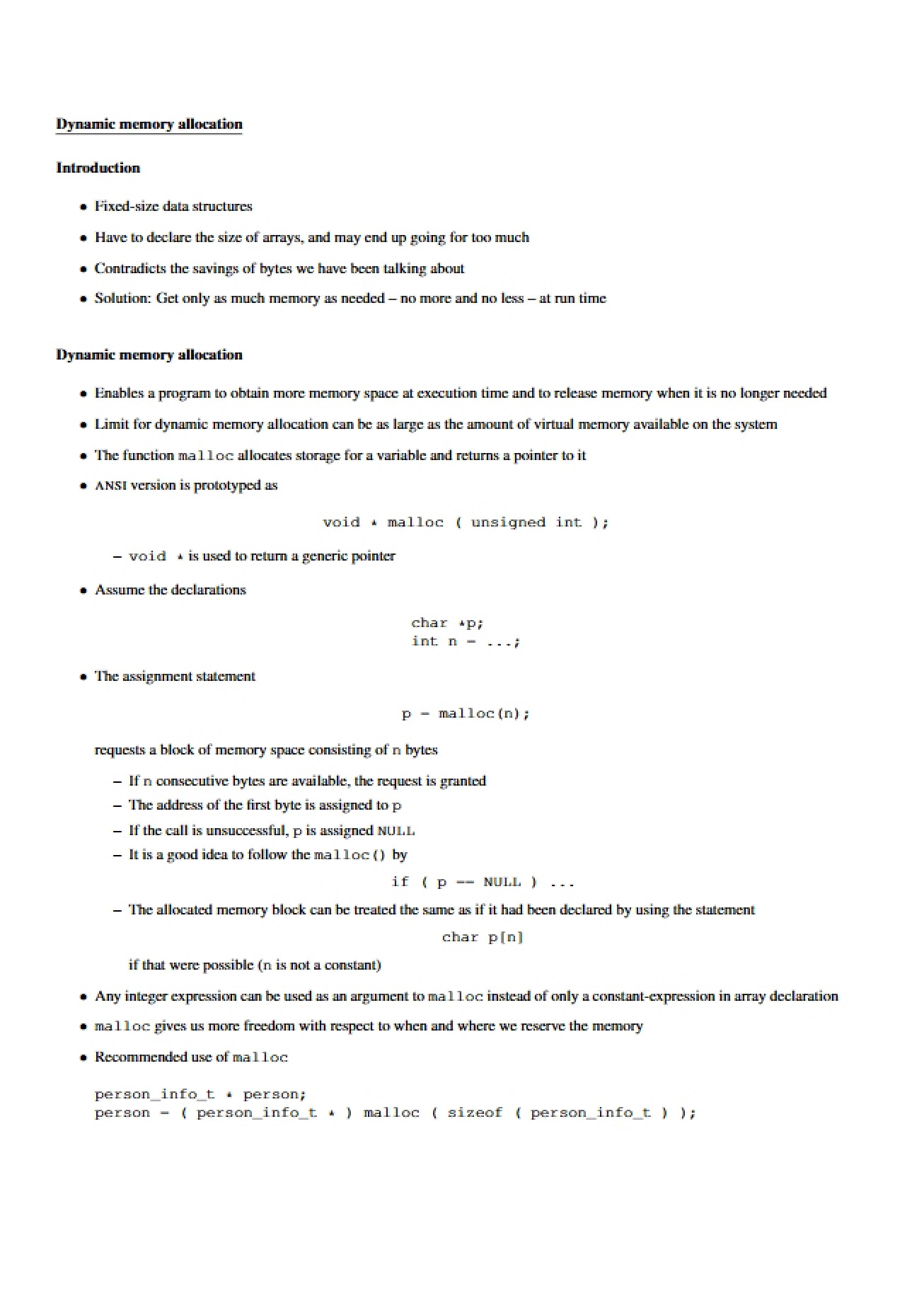 Allocation of Dynamic Memory