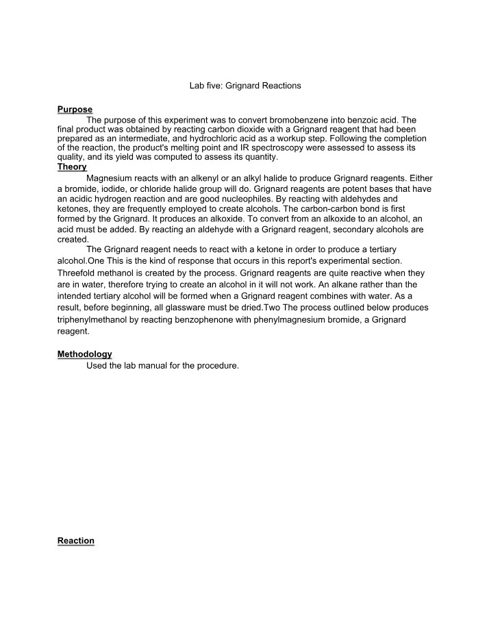 Grignard Reactions Lab 5 - Converting Bromobenzene to Benzoic Acid