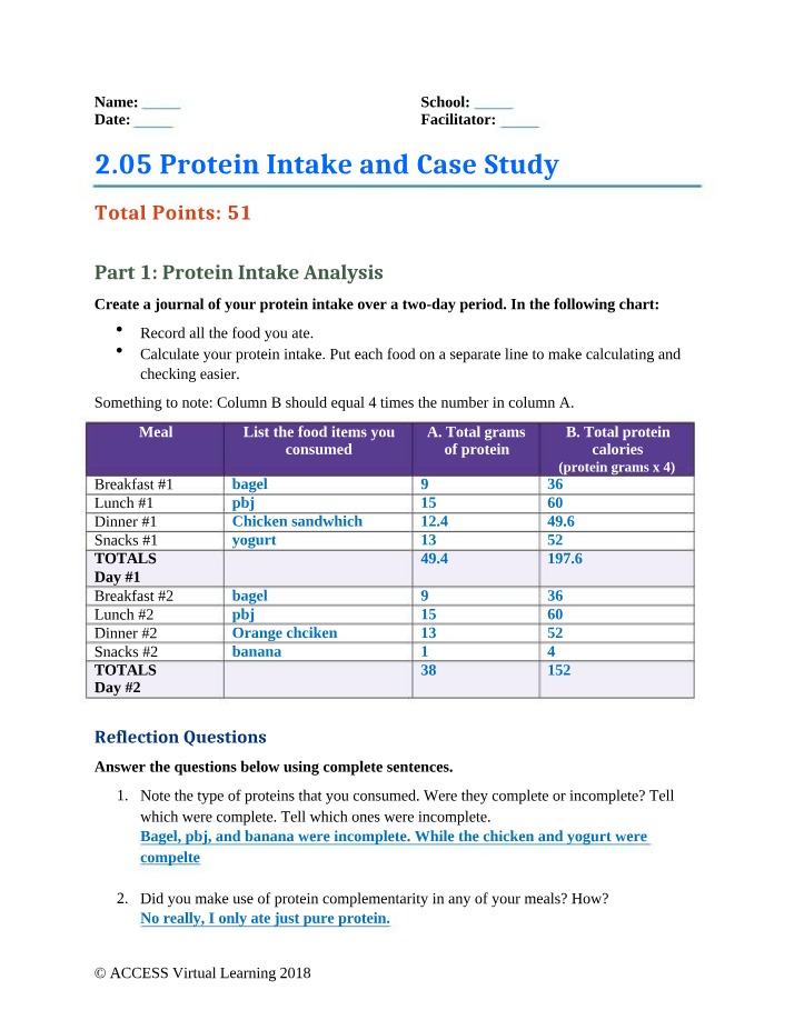 Case Study and Reflection on Protein Intake
