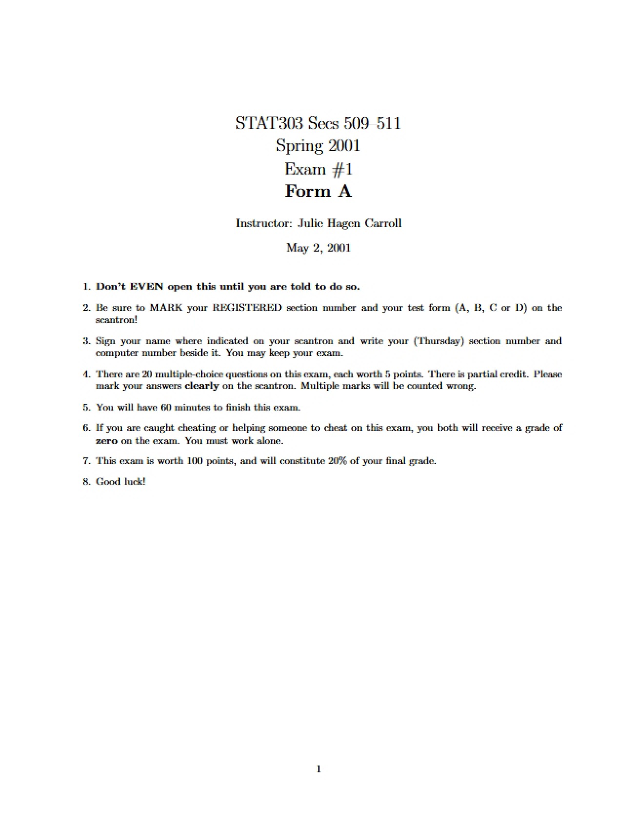 Exam 1A (Spring 2001)