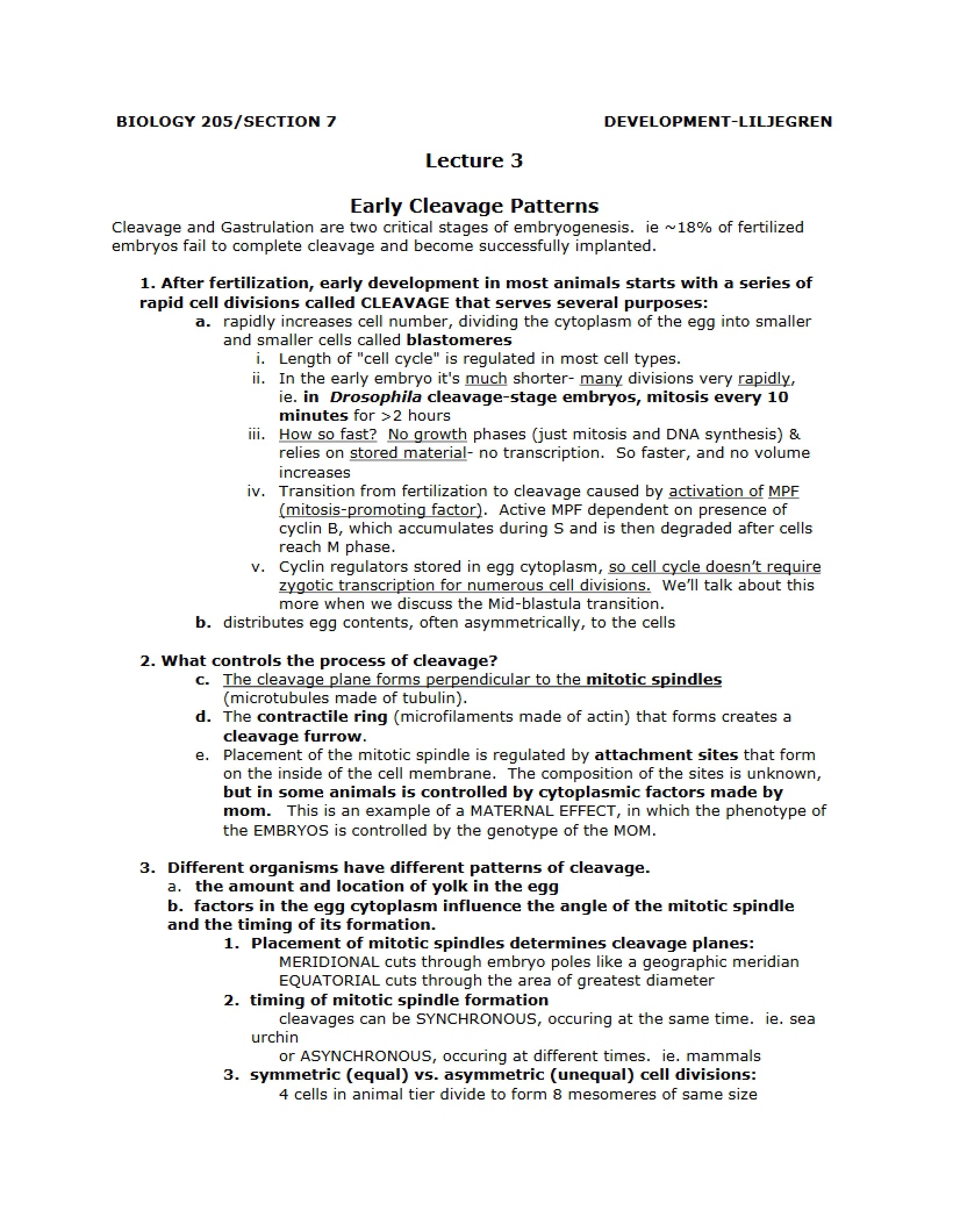 Patterns of Early Cleavage Lecture 3