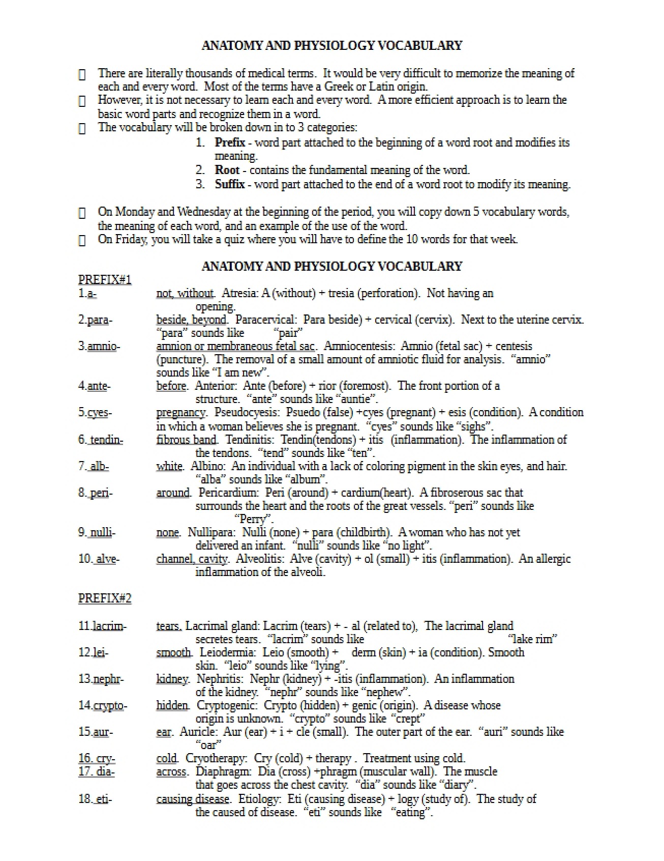 Key Vocabulary for Anatomy and Physiology
