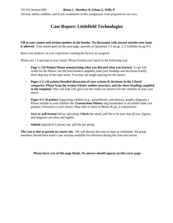 Littlefield Case Study Report