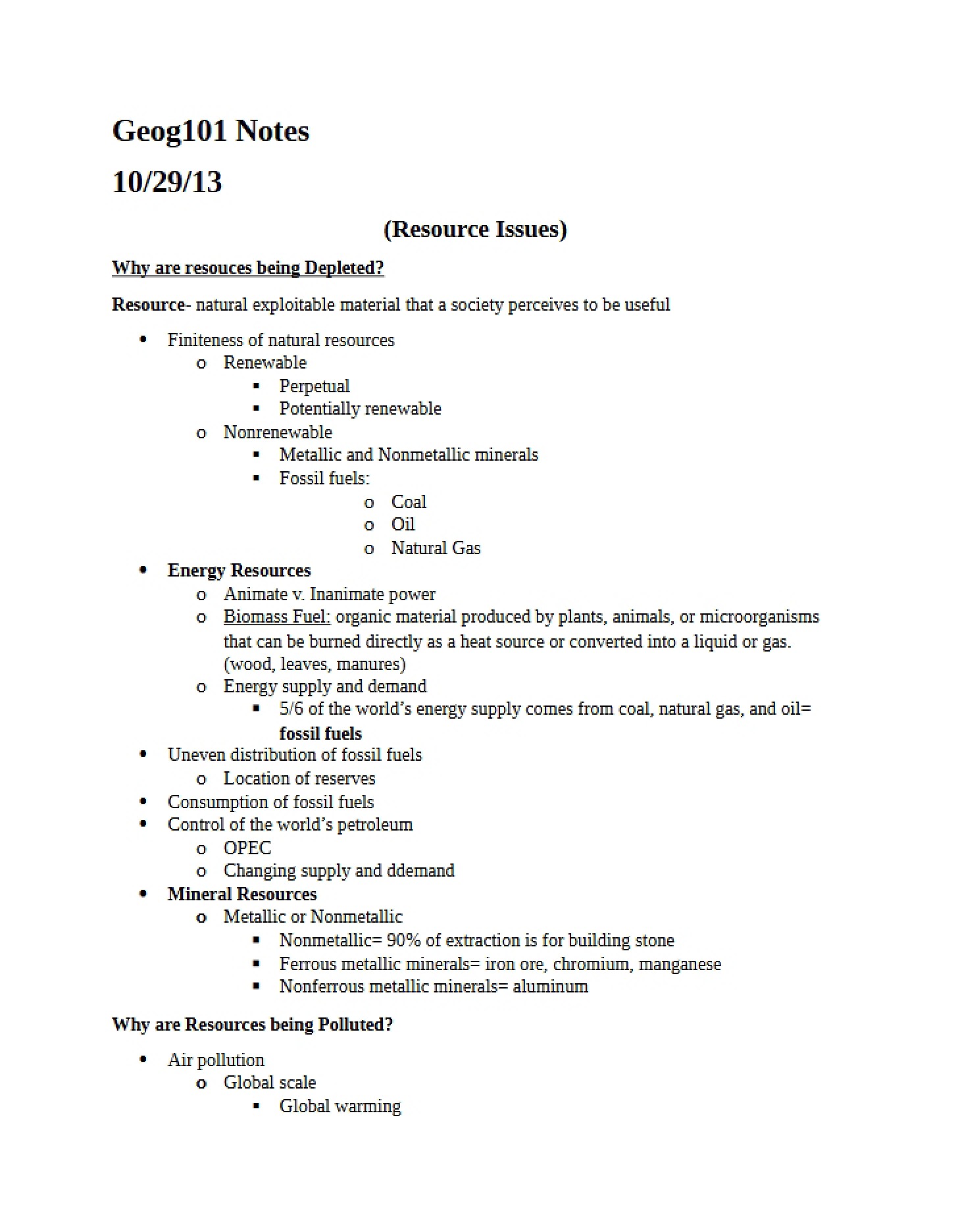 Notes from October 29, 2013