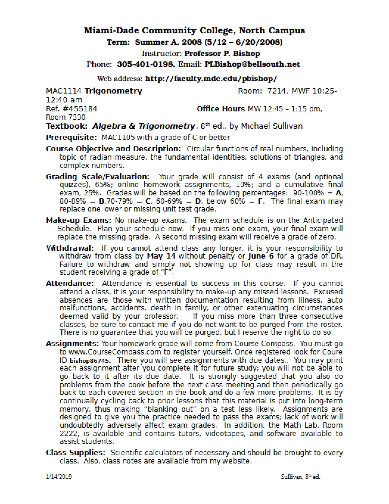 Trigonometry Course Syllabus - 2 Pages