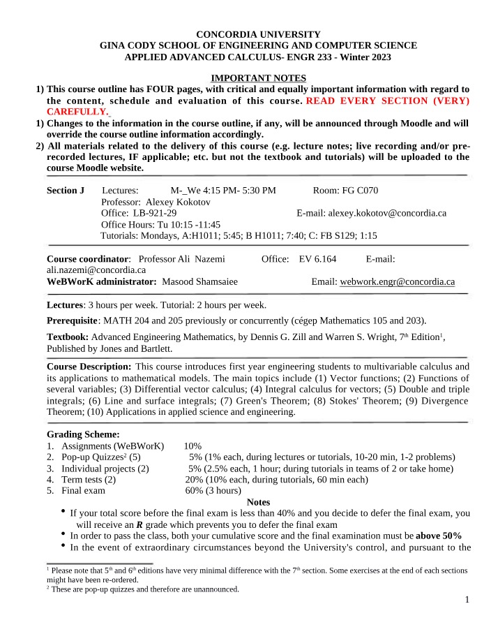 Applied Advanced Calculus Schedule, Evaluation, and Outline