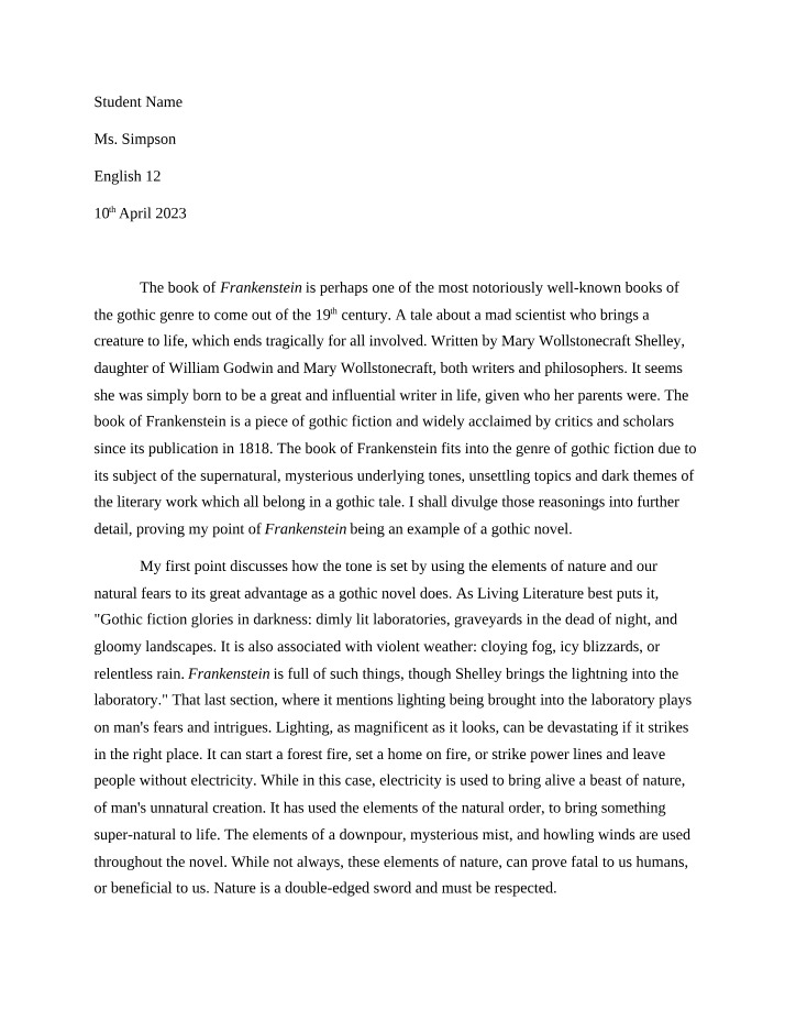 Analysis Essay - Frankenstein Gothic Novel